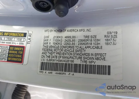 2019 Honda Cr-V Ex z USA, uszkodzony, nr VIN 5J6RW1H54KA026166